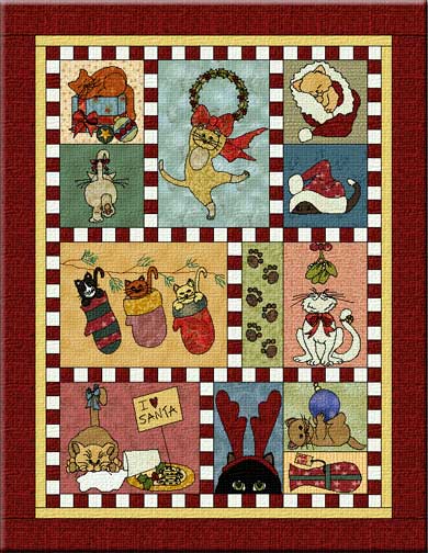 Sandy Clause quilted Christmas cats wallhaging