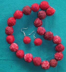 round fabric bead necklace and earrings